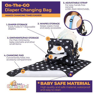 ChangePal Universal Wipes Portable Diaper Changing Bag- FULL Pack of Wipes Version- Black and White Polkadot Nylon