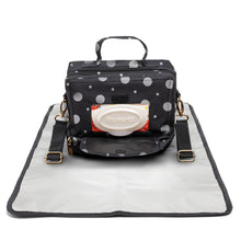 Load image into Gallery viewer, ChangePal Universal Wipes Portable Diaper Changing Bag- FULL Pack of Wipes Version- Black and White Polkadot Nylon