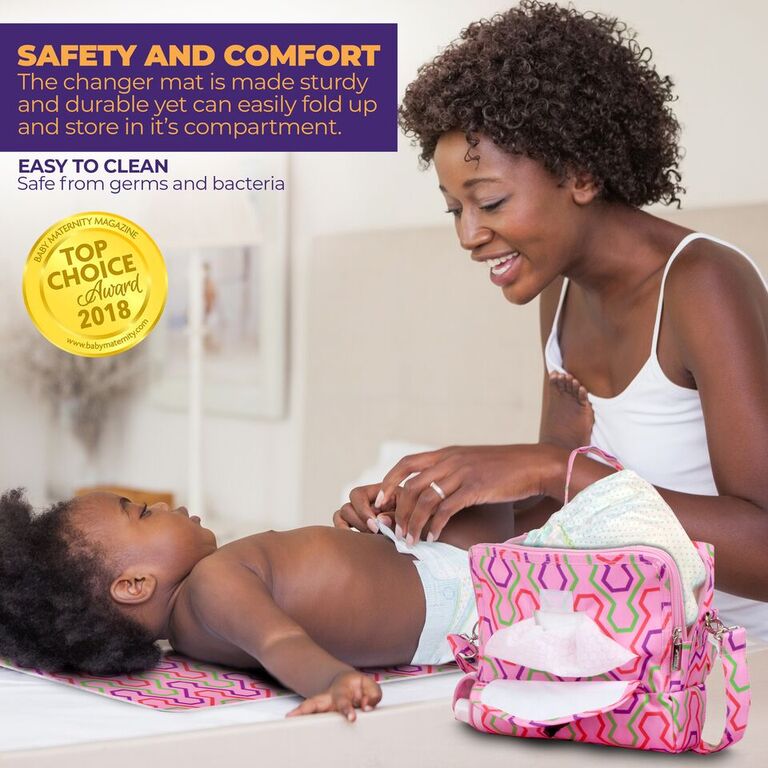 ChangePal Portable Diaper Changing Bag (Pink Geometric) Wipes Pouch